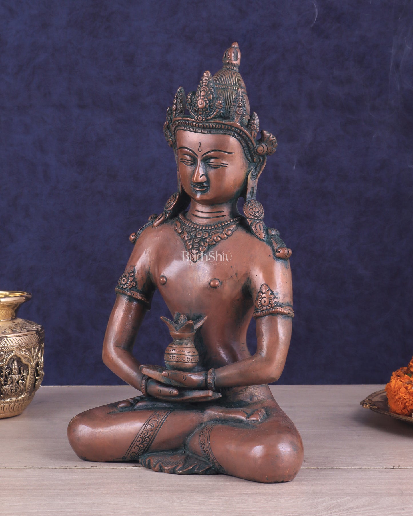 Pure Brass Meditating Buddha Statue - Antique Copper finish , 13" Height