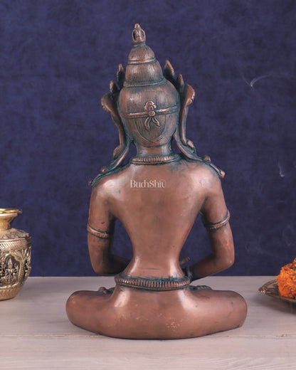 Pure Brass Meditating Buddha Statue - Antique Copper finish , 13" Height