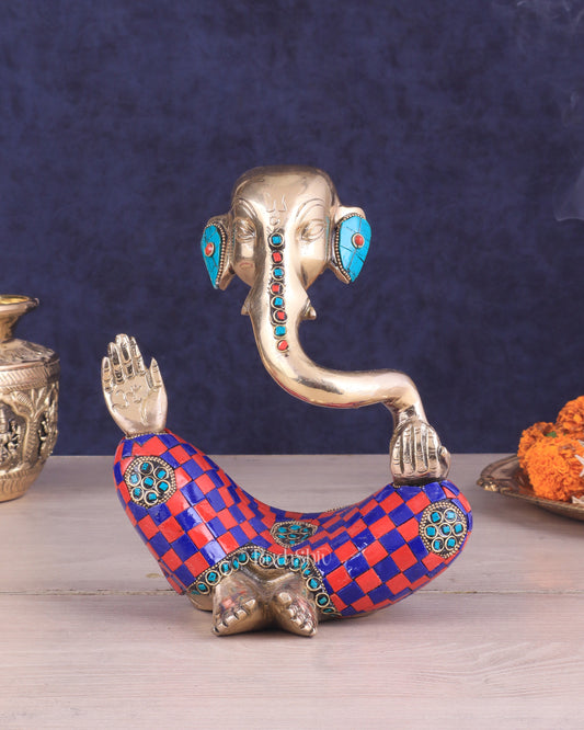 Ganesha Idol Abstract Brass with stonework 8.5 inch