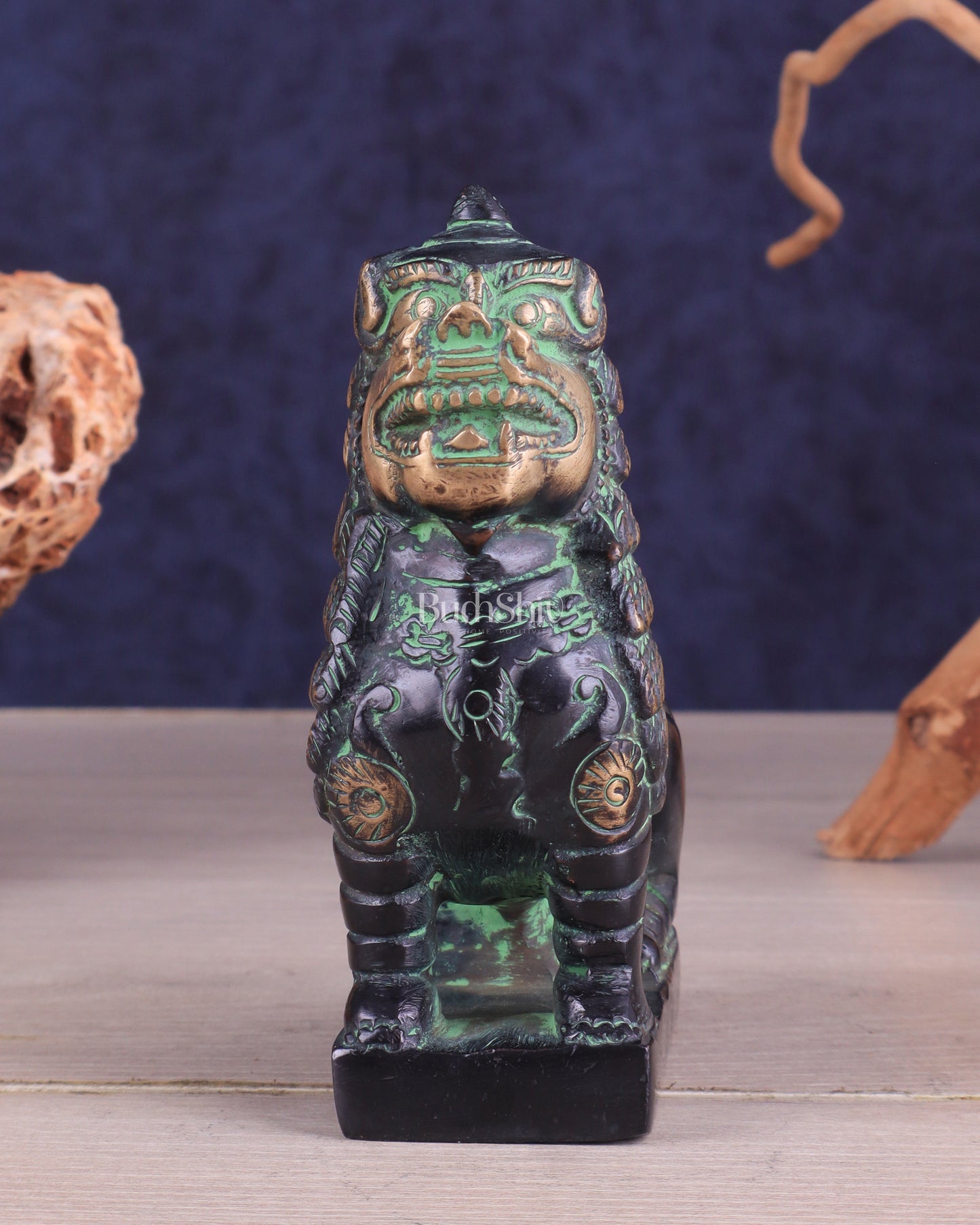 Brass Tibetan Snow Lion Showpiece – black and green tone