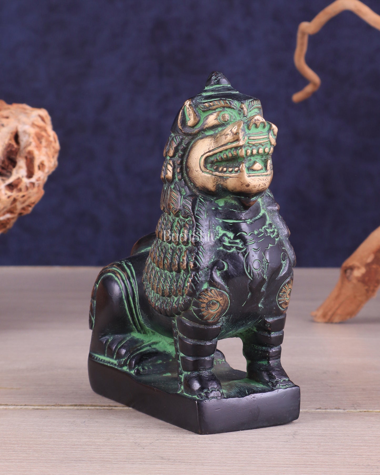 Brass Tibetan Snow Lion Showpiece – black and green tone