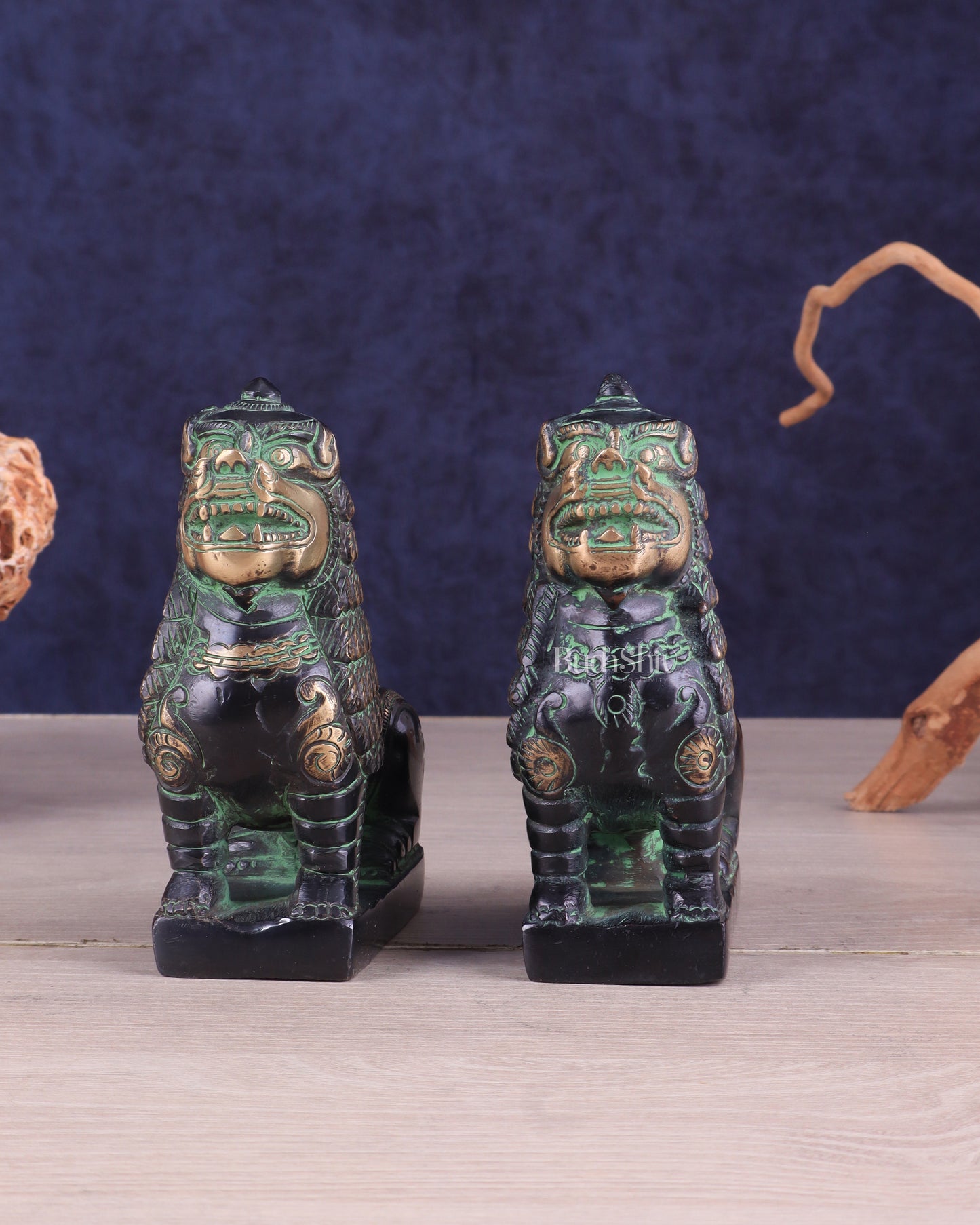 Brass Tibetan Snow Lion Pair – Antique Black & Green Finish