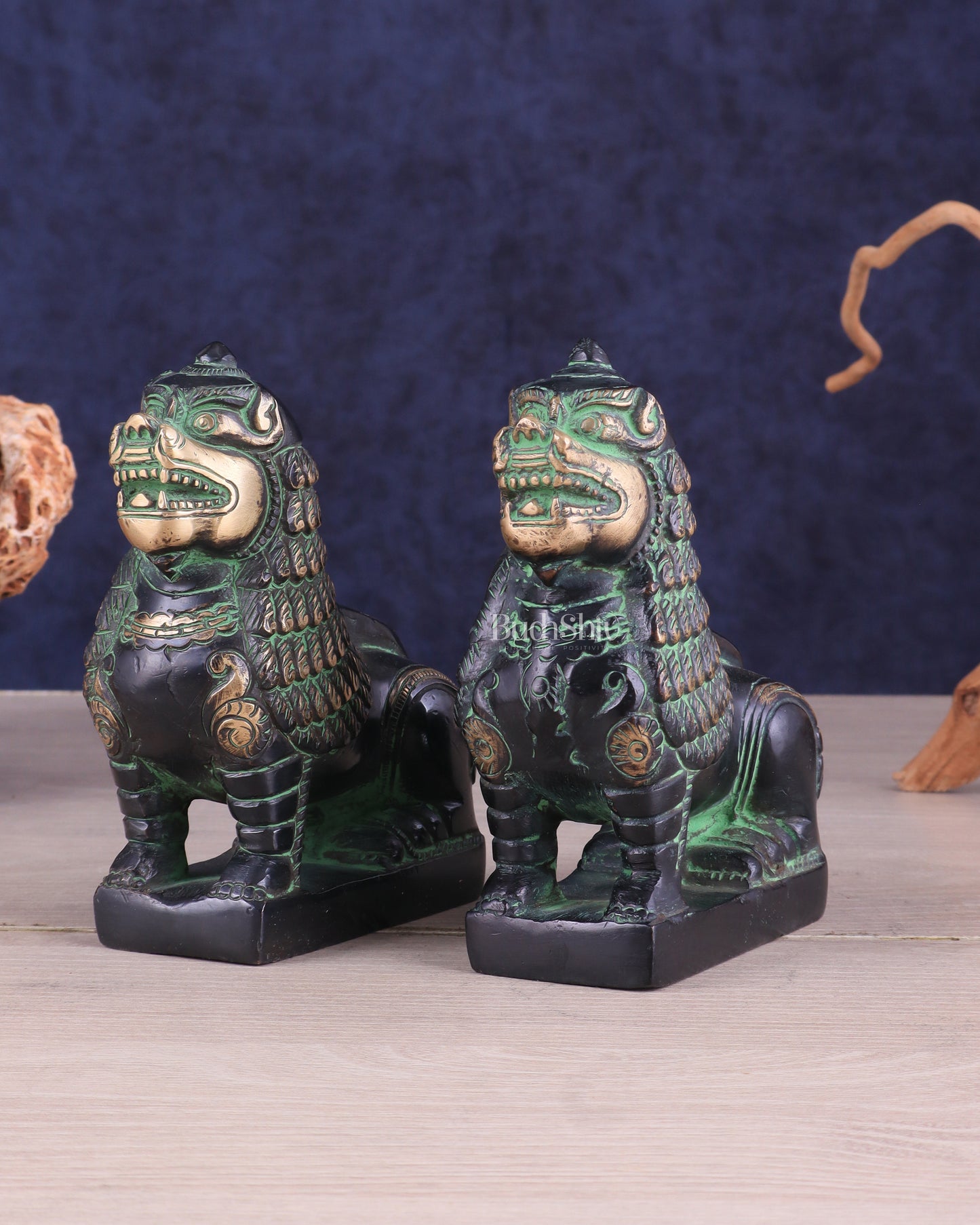 Brass Tibetan Snow Lion Pair – Antique Black & Green Finish