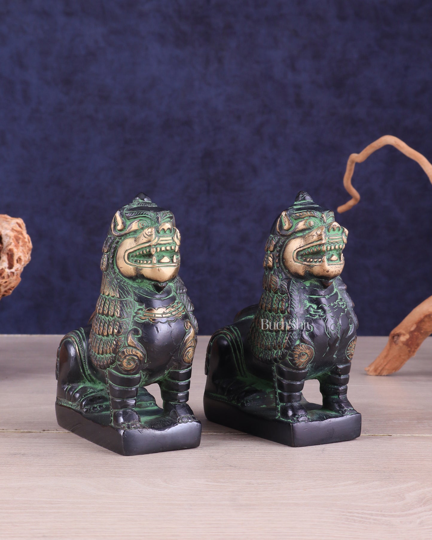 Brass Tibetan Snow Lion Pair – Antique Black & Green Finish