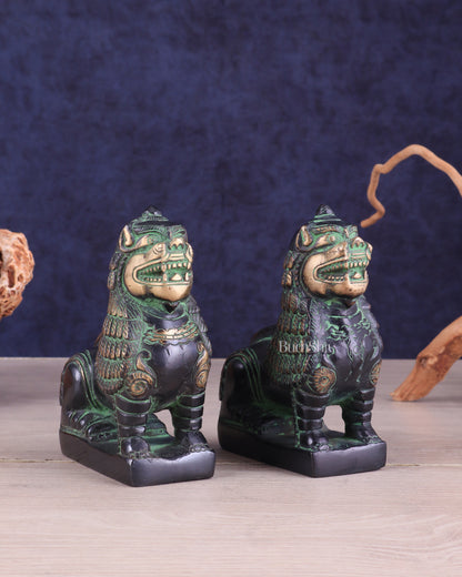 Brass Tibetan Snow Lion Pair – Antique Black & Green Finish