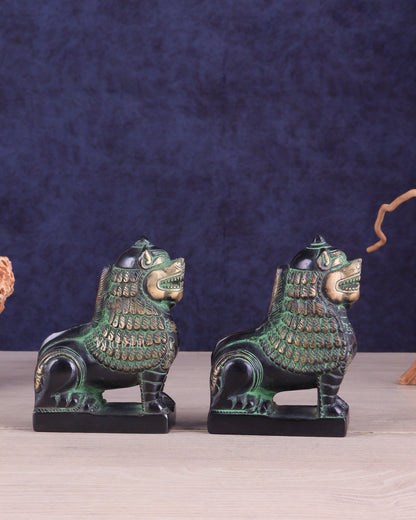 Brass Tibetan Snow Lion Pair – Antique Black & Green Finish