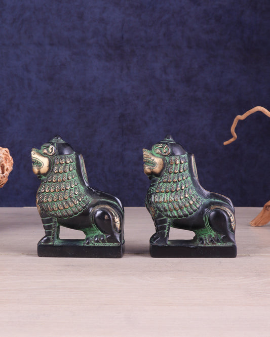 Brass Tibetan Snow Lion Pair – Antique Black & Green Finish