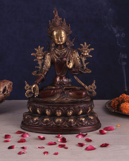 Pure Brass Tibetan White Tara Idol – Copper Gold Finish | 14 Inch