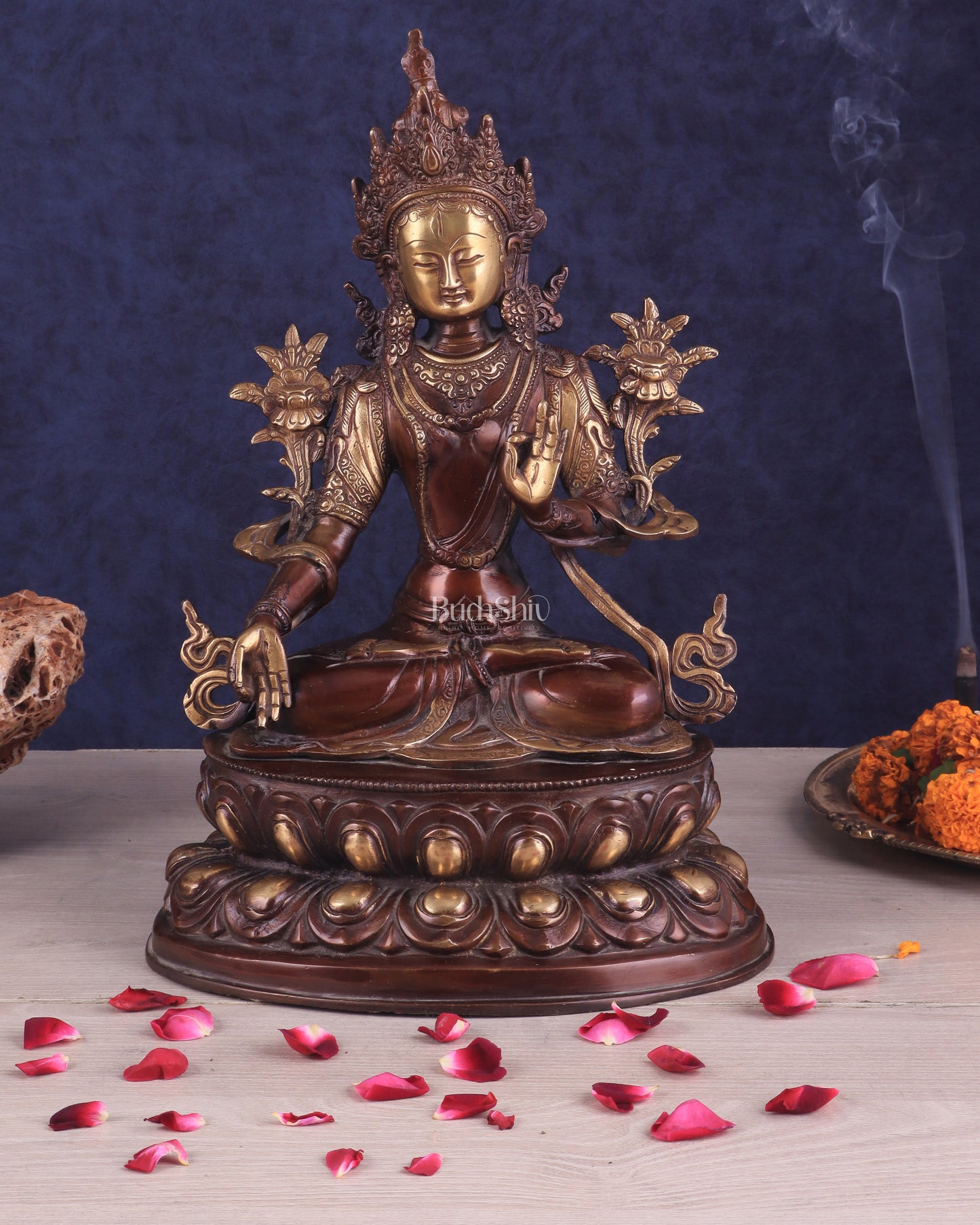 Pure Brass Tibetan White Tara Idol – Copper Gold Finish | 14 Inch