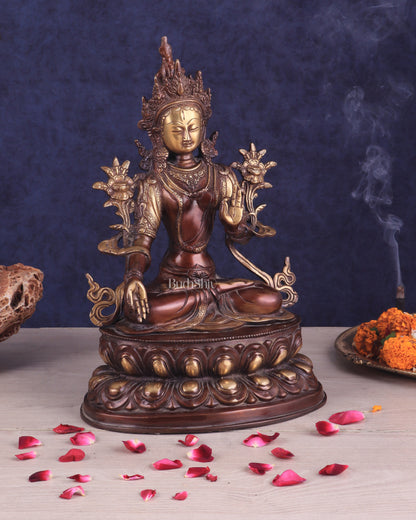 Pure Brass Tibetan White Tara Idol – Copper Gold Finish | 14 Inch