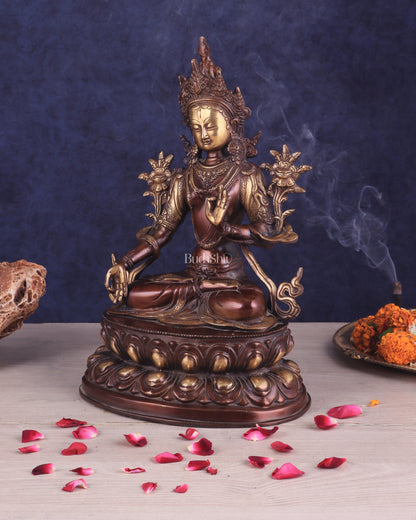 Pure Brass Tibetan White Tara Idol – Copper Gold Finish | 14 Inch