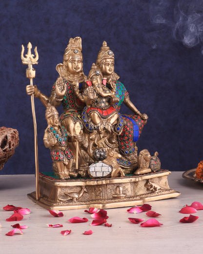 Brass Complete Shiv Parivar Idol - 10 Inch with stonework