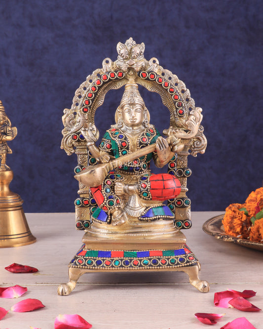 Pure Brass Goddess Saraswati Idol | Meenakari Stonework 8"