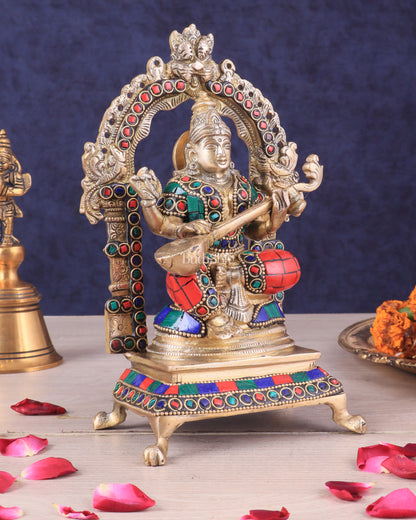 Pure Brass Goddess Saraswati Idol | Meenakari Stonework 8"