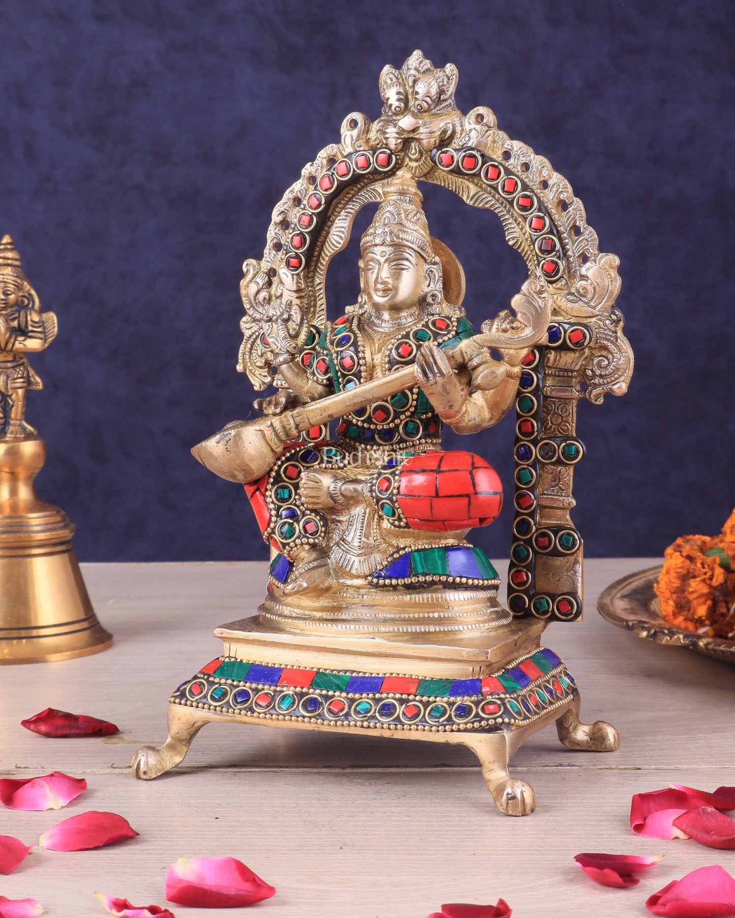 Pure Brass Goddess Saraswati Idol | Meenakari Stonework 8"