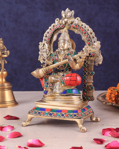 Pure Brass Goddess Saraswati Idol | Meenakari Stonework 8"