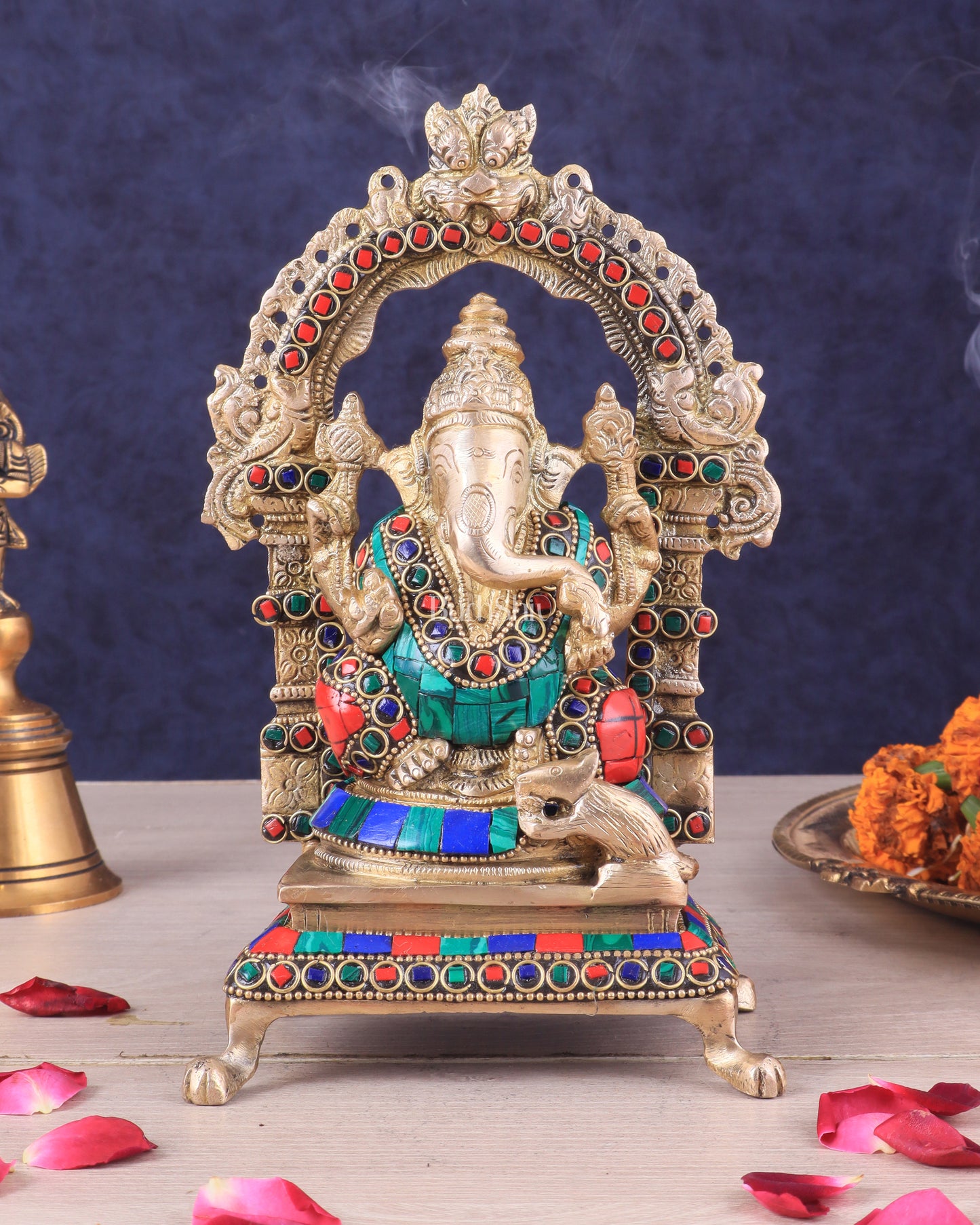 Pure Brass Lord Ganesha Idol | Meenakari Stonework 8"