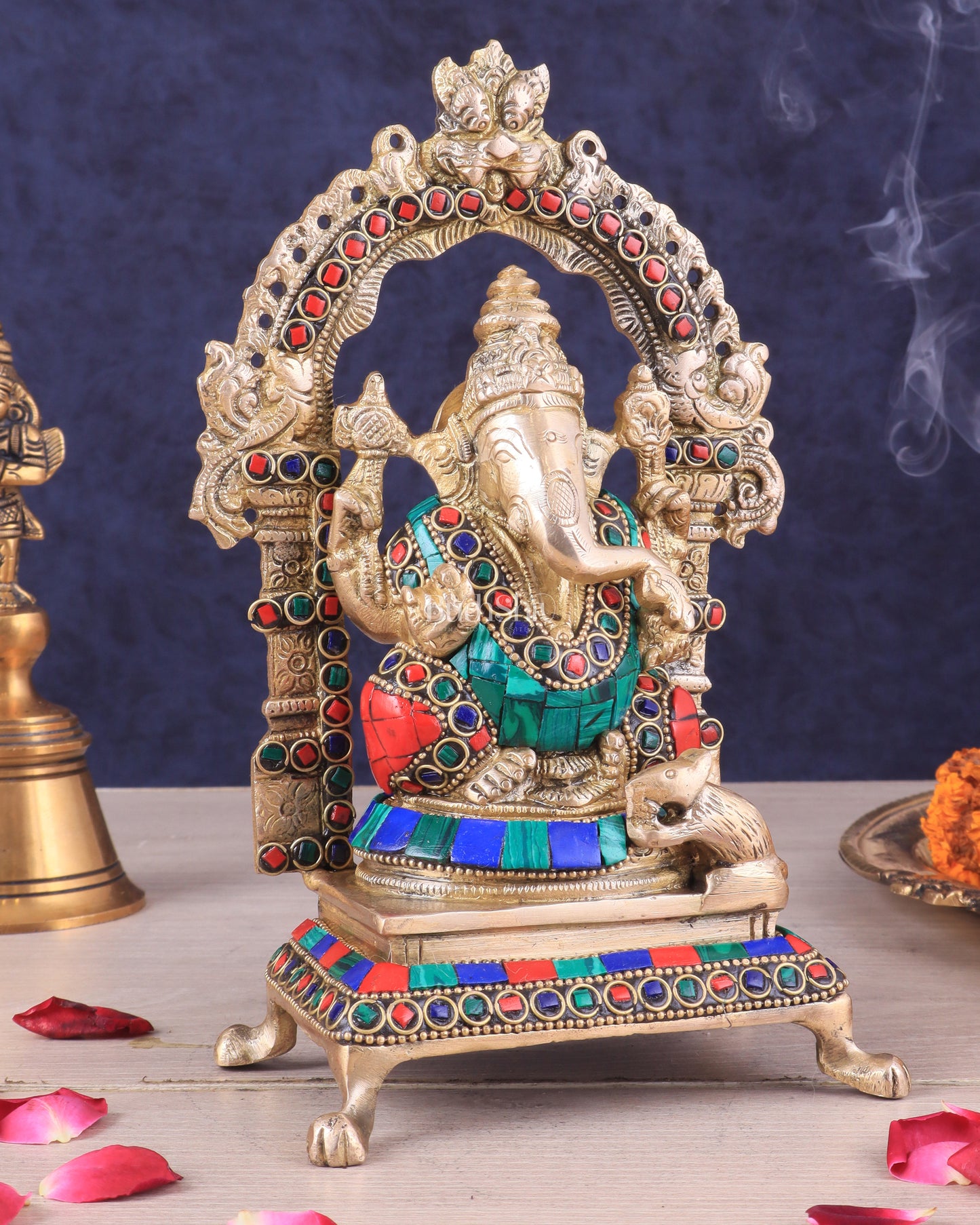 Pure Brass Lord Ganesha Idol | Meenakari Stonework 8"