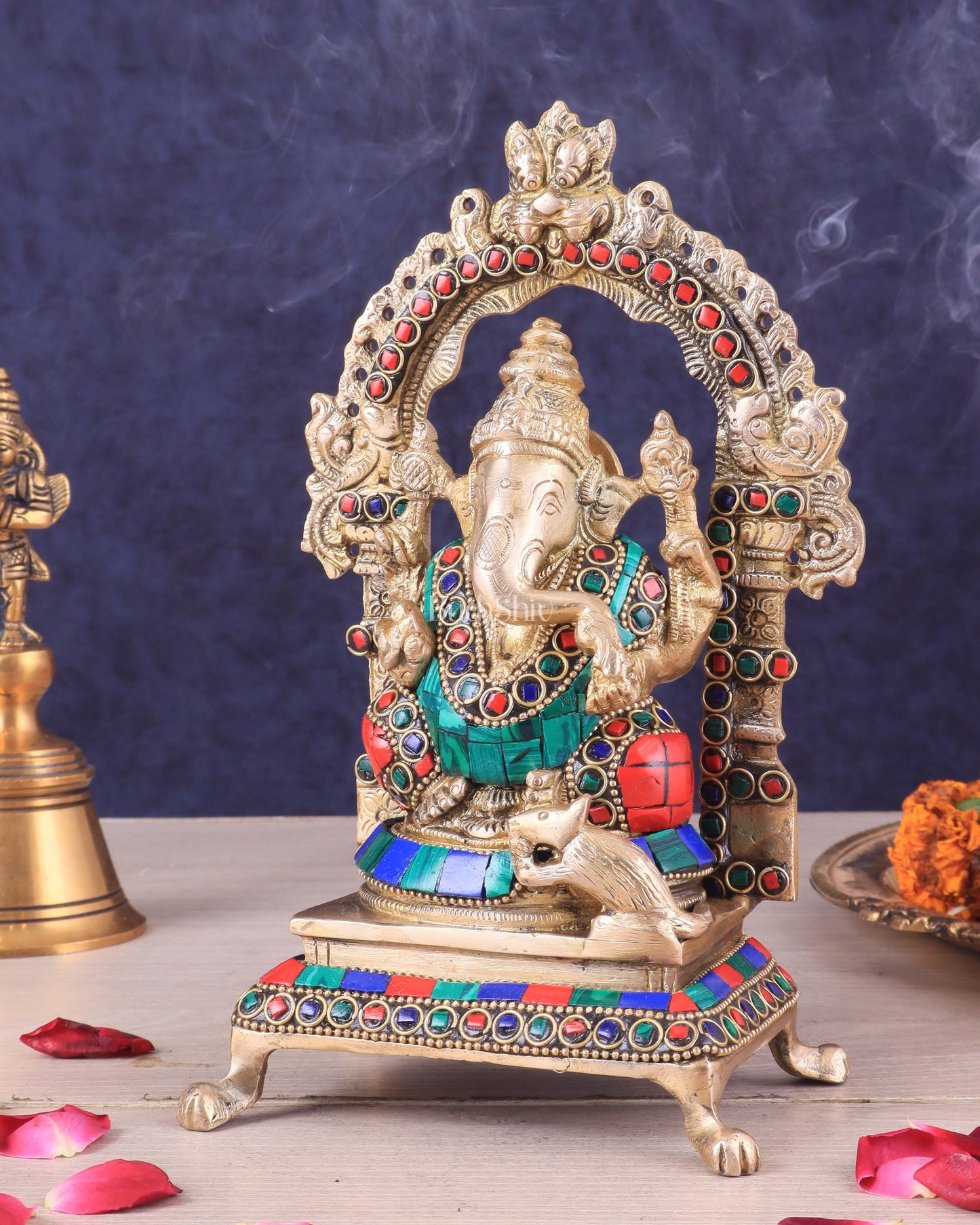 Pure Brass Lord Ganesha Idol | Meenakari Stonework 8"