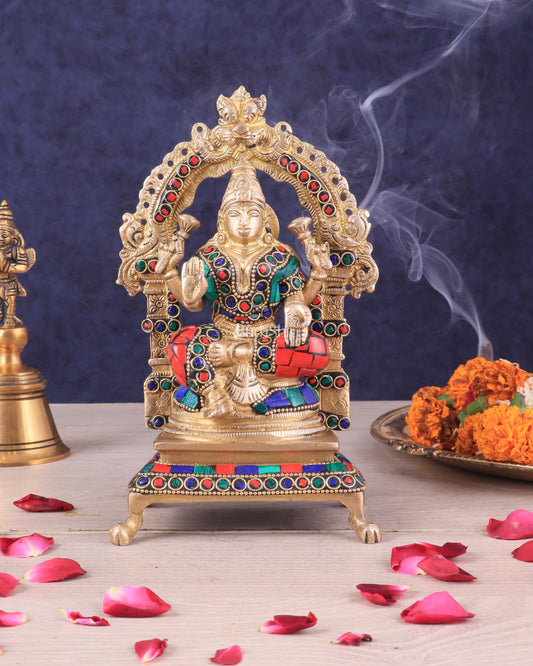 Pure Brass Goddess Lakshmi Idol | Meenakari Stonework 8"