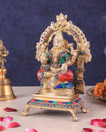 Pure Brass Goddess Lakshmi Idol | Meenakari Stonework 8"