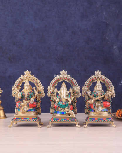 Pure Brass Ganesha, Lakshmi, Saraswati Idol Set | Meenakari Stonework 8"