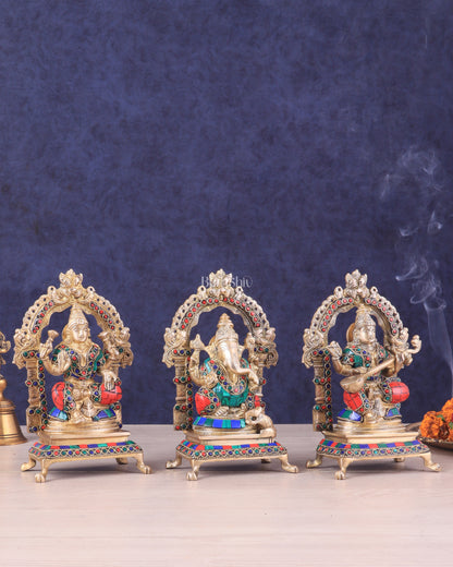 Pure Brass Ganesha, Lakshmi, Saraswati Idol Set | Meenakari Stonework 8"