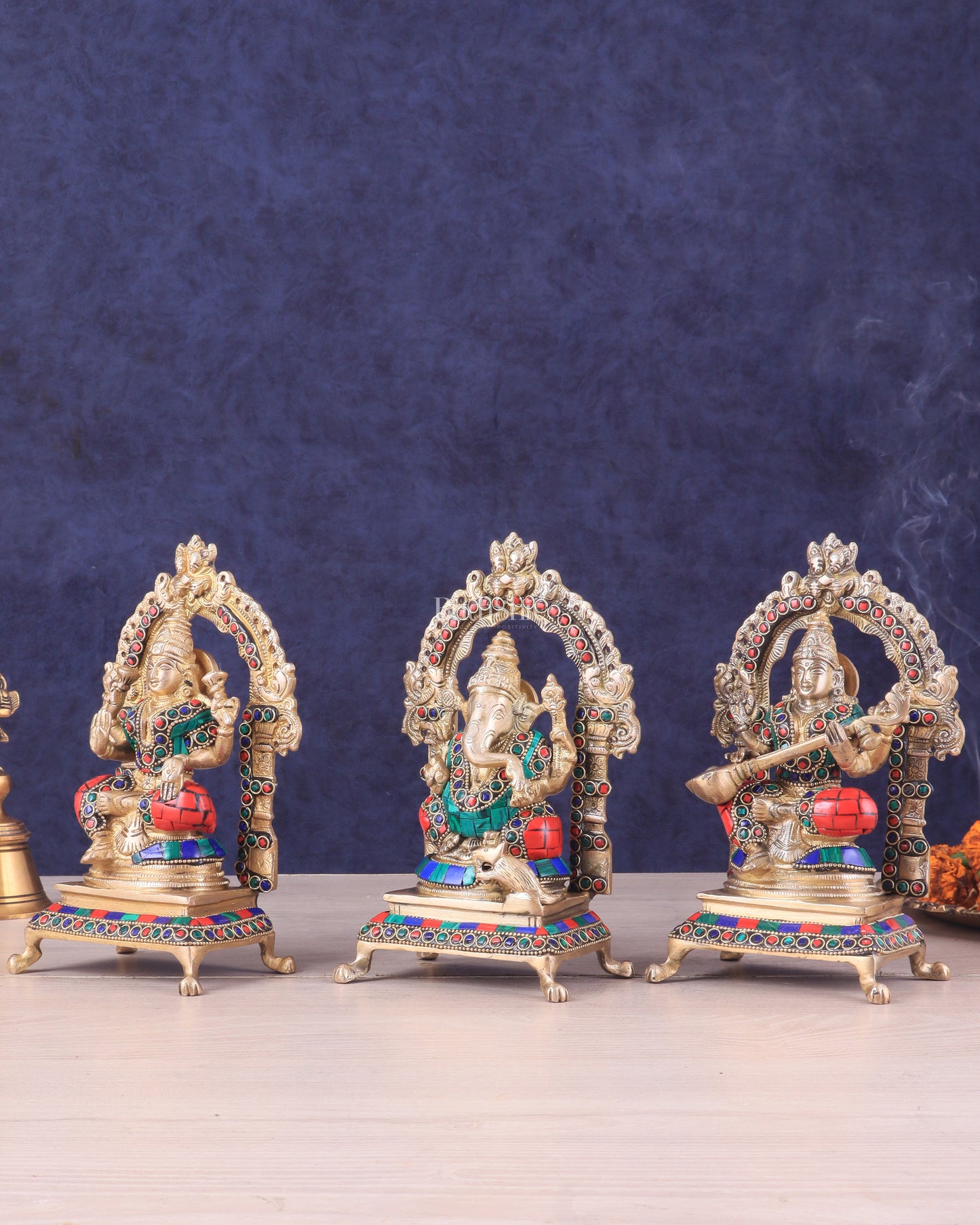 Pure Brass Ganesha, Lakshmi, Saraswati Idol Set | Meenakari Stonework 8"