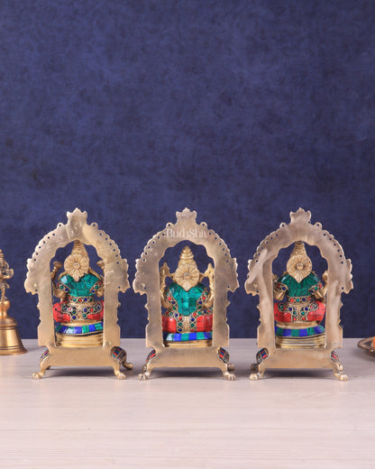 Pure Brass Ganesha, Lakshmi, Saraswati Idol Set | Meenakari Stonework 8"