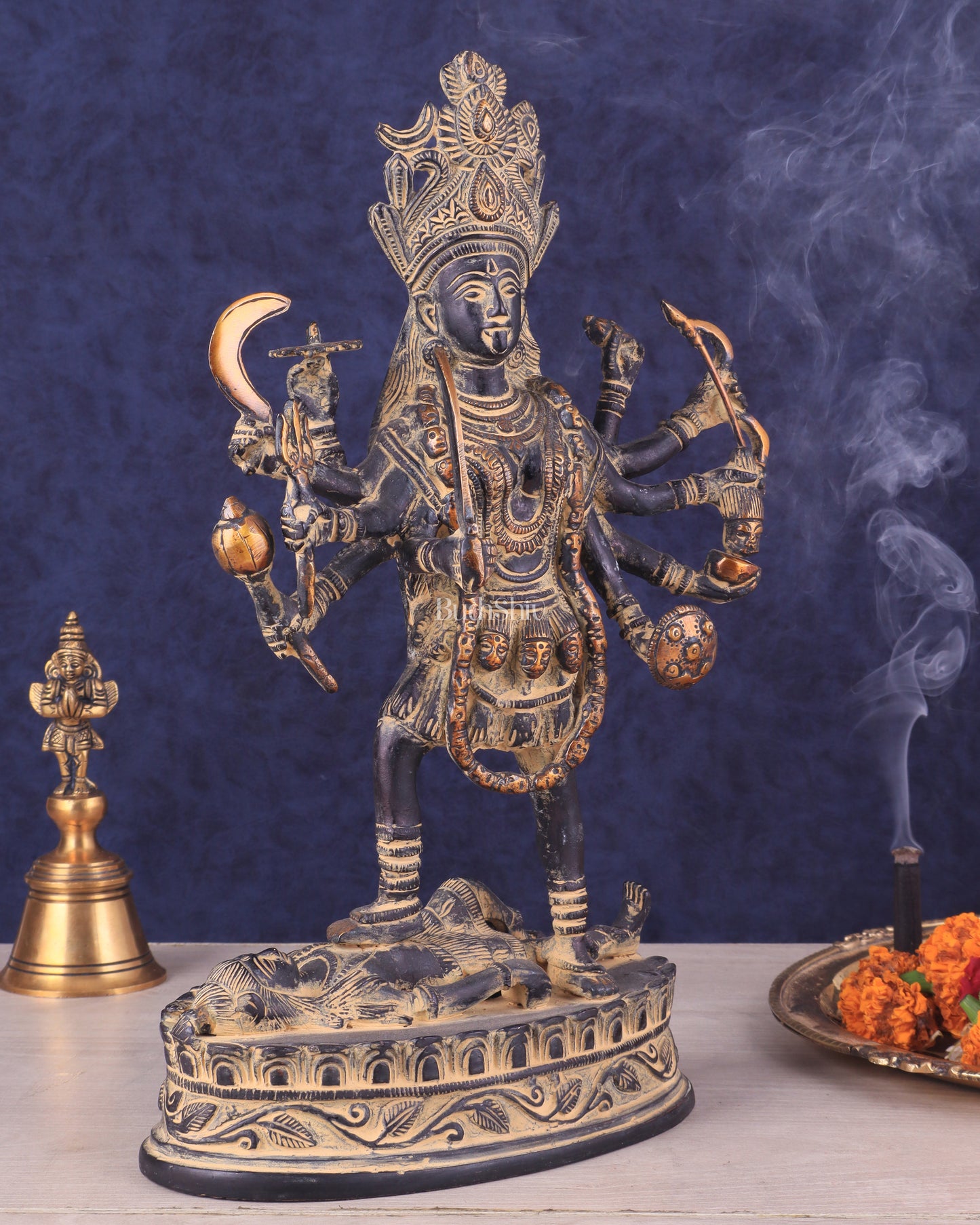 Pure Brass Vintage Goddess Kali Dashbhuja Idol | 10.5"