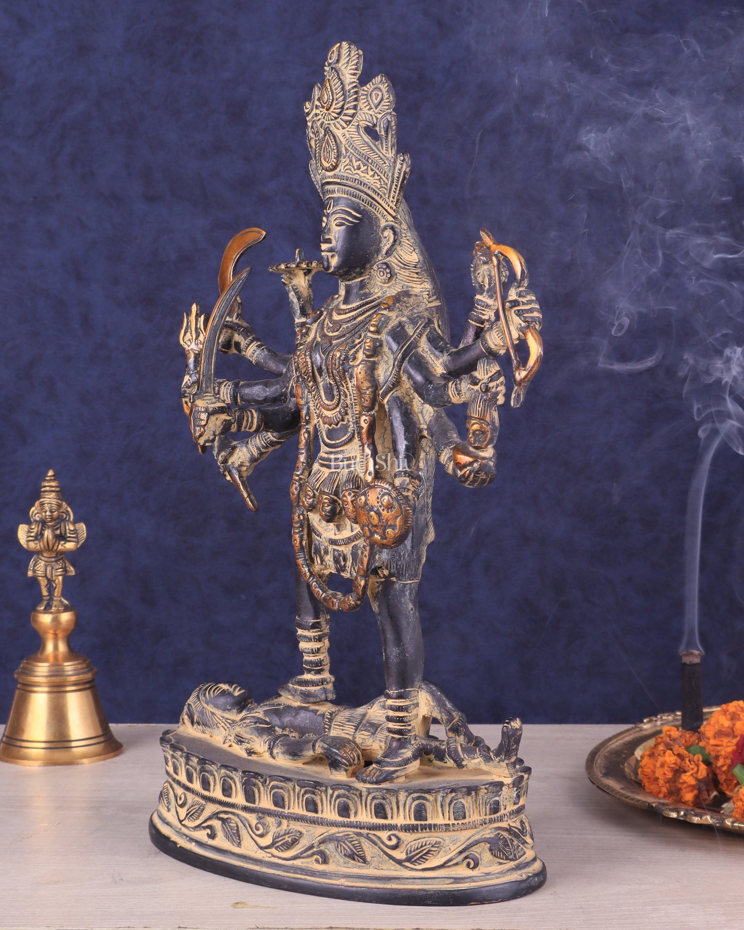 Pure Brass Vintage Goddess Kali Dashbhuja Idol | 10.5"