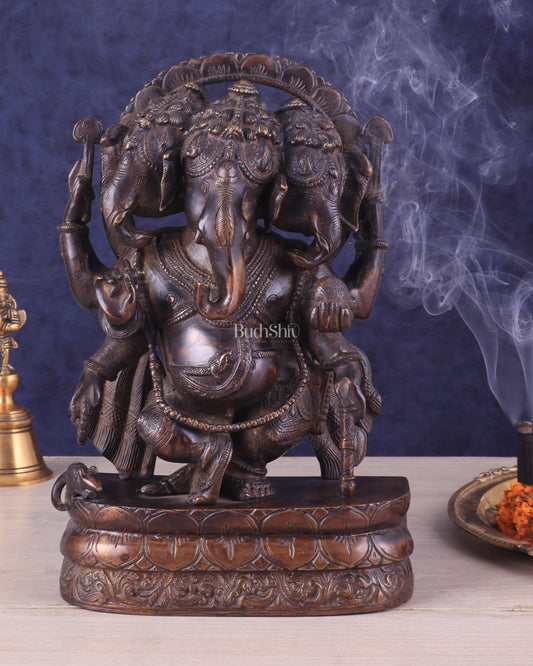 Vintage Brass Trimukha Ganapati Sculpture | Three-Faced Lord Ganesha | 12"