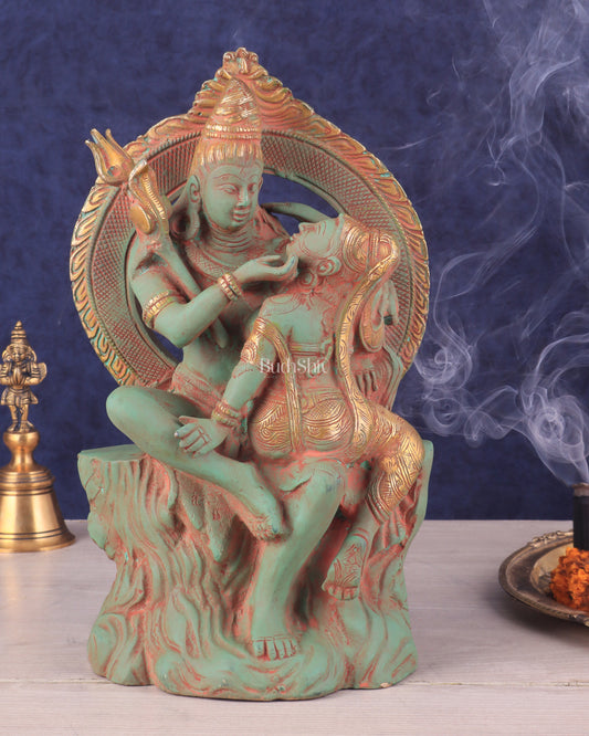 Brass Lord Shiva and Parvati Statue | Antique Green Patina | 12.7"