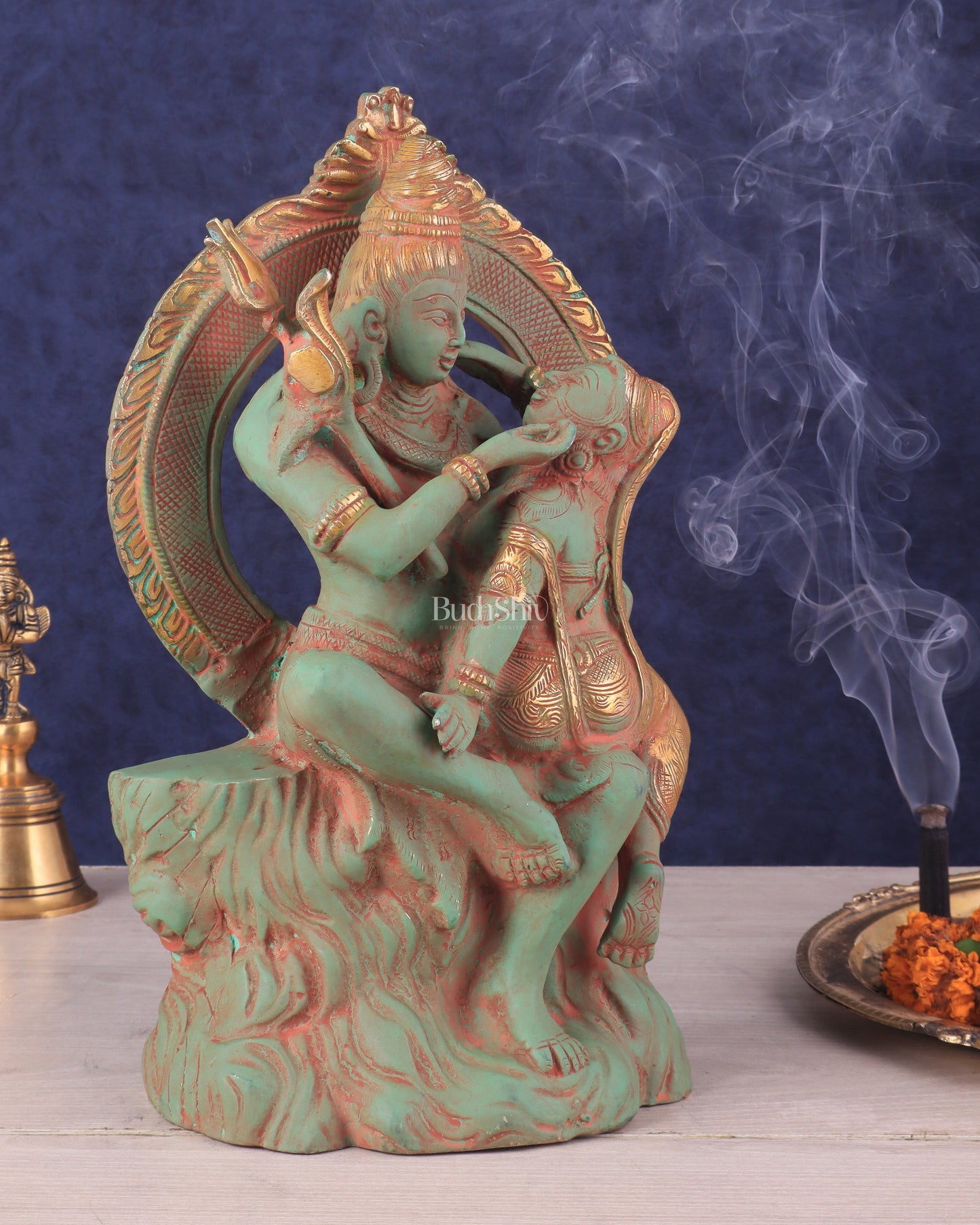 Brass Lord Shiva and Parvati Statue | Antique Green Patina | 12.7"