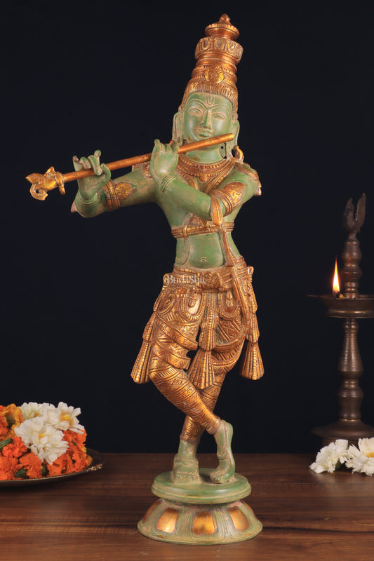 Pure Brass Lord Krishna Statue - green patina , 23 Inches