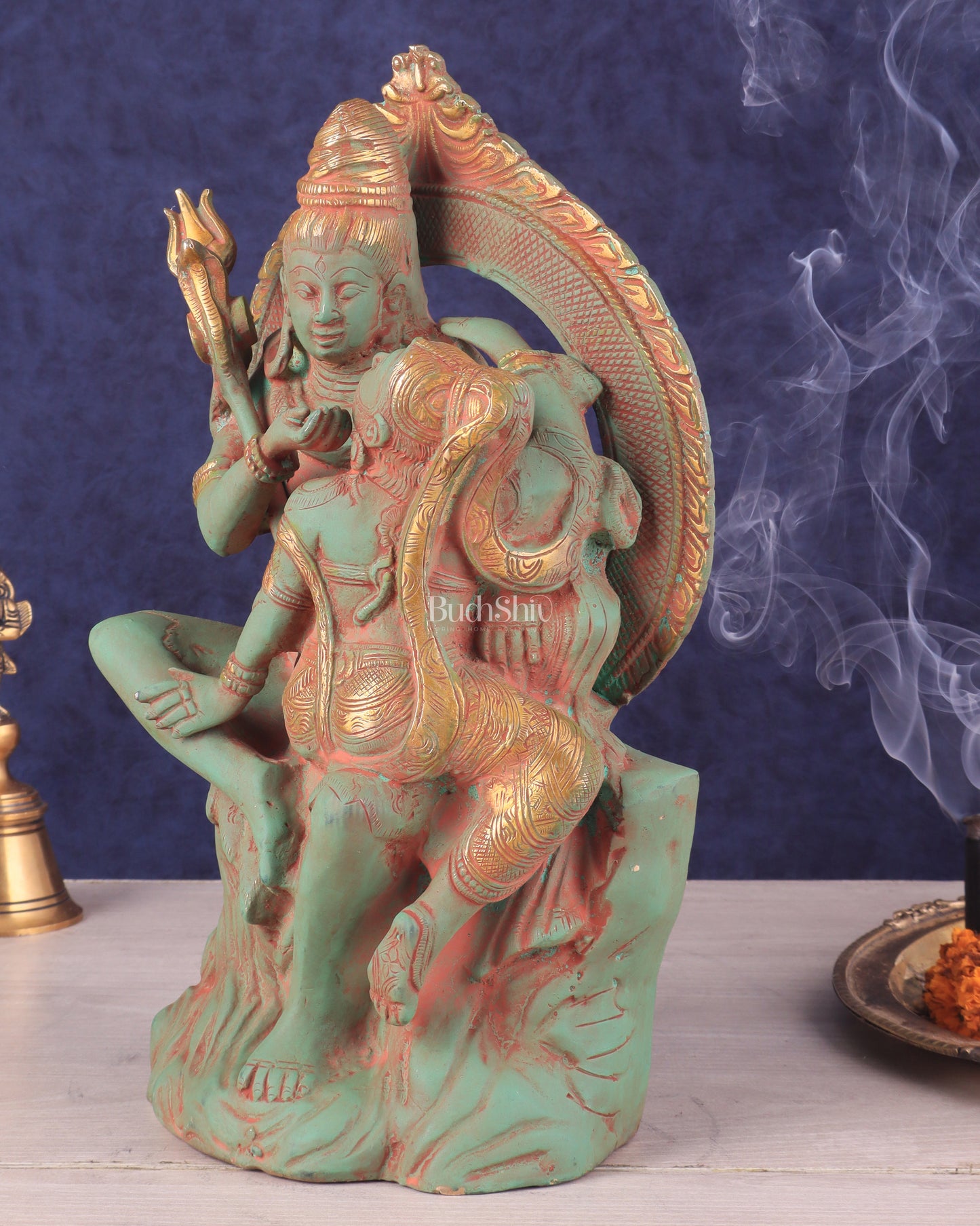 Brass Lord Shiva and Parvati Statue | Antique Green Patina | 12.7"