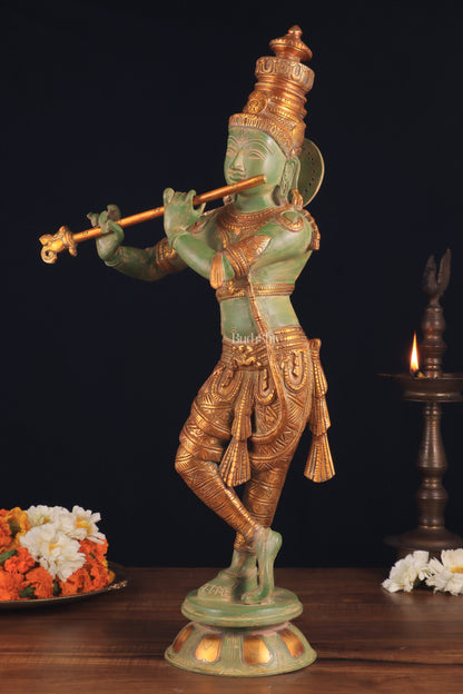 Pure Brass Lord Krishna Statue - green patina , 23 Inches