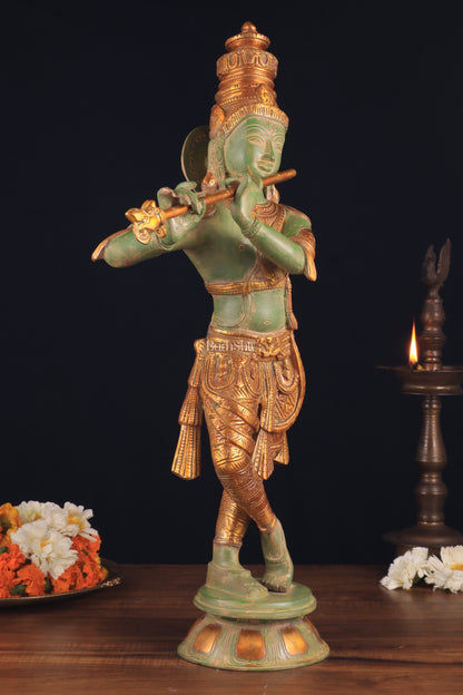 Pure Brass Lord Krishna Statue - green patina , 23 Inches