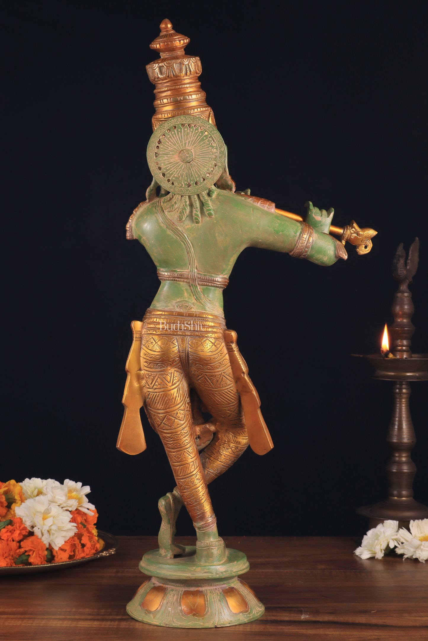 Pure Brass Lord Krishna Statue - green patina , 23 Inches