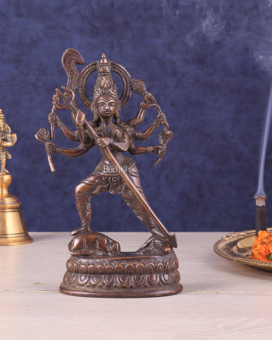 Pure Brass Mahishasur Mardini Durga Idol 8" brown tone