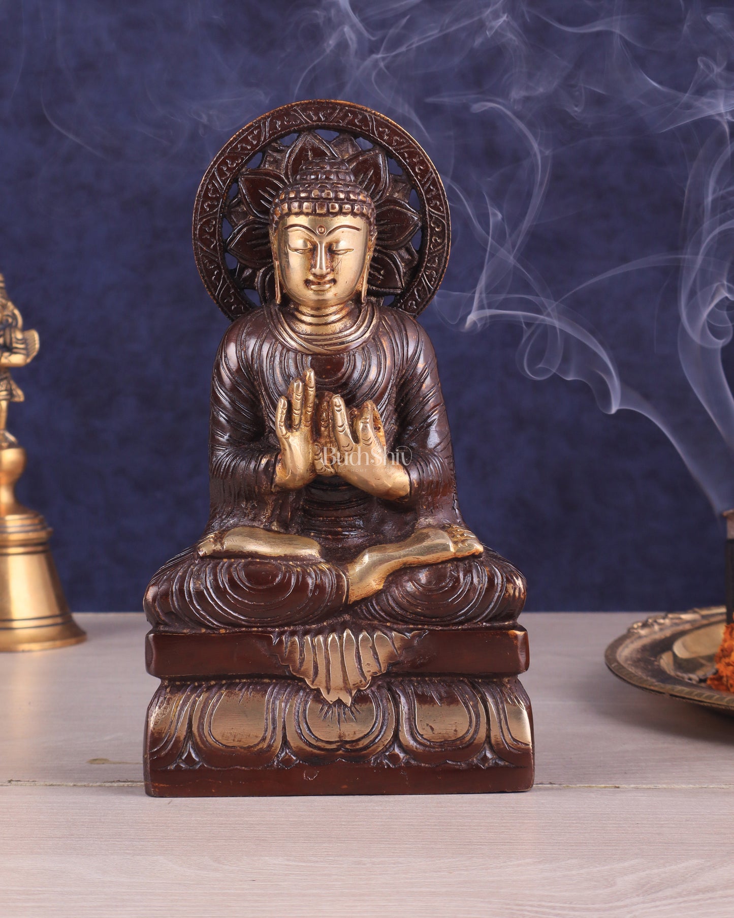 Dual Tone Brass Buddha Idol in Dharmachakra Mudra 8"