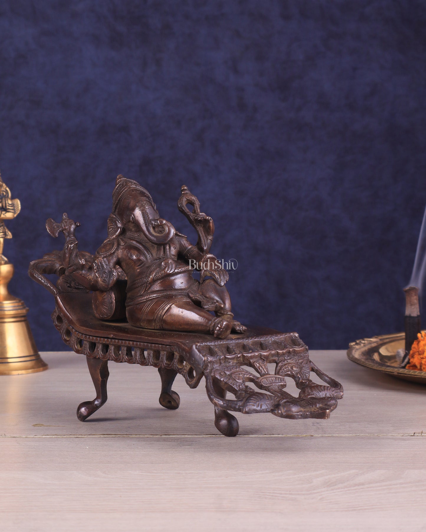 Vintage Brass Resting Ganesha Idol – 6" | Dark Chocolate Finish