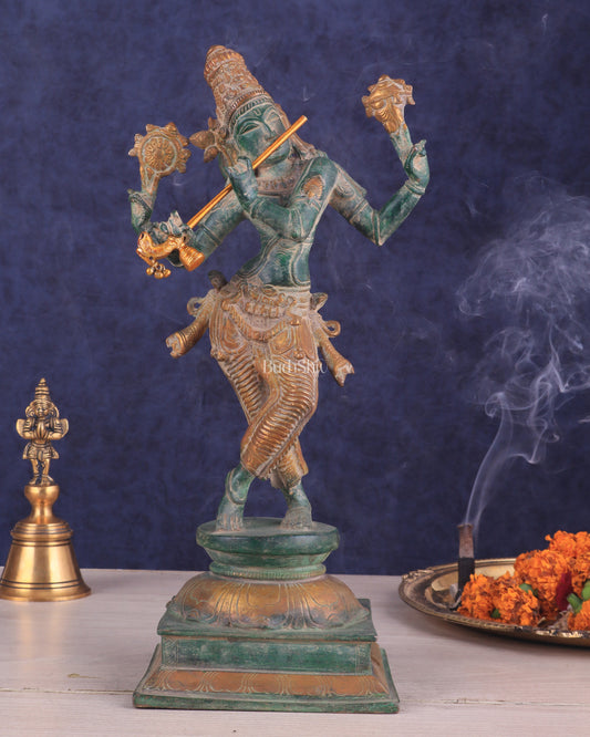 Vintage Brass Vishnu as Lord Krishna Statue - Green Sand Finish 14.5"