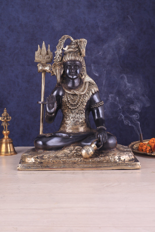 Pure Brass Lord Shiva Smiling Idol with Open Eyes 15" black gold