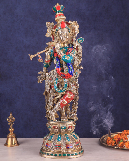 Brass Lord Krishna Statue with stonework 25 inch