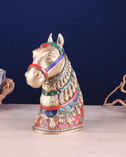 Pure Brass Horse Head Showpiece - stonework | 11 Inch