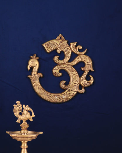 Auspicious brass Om Wall Hanging with Peacock Design - 12 Inches