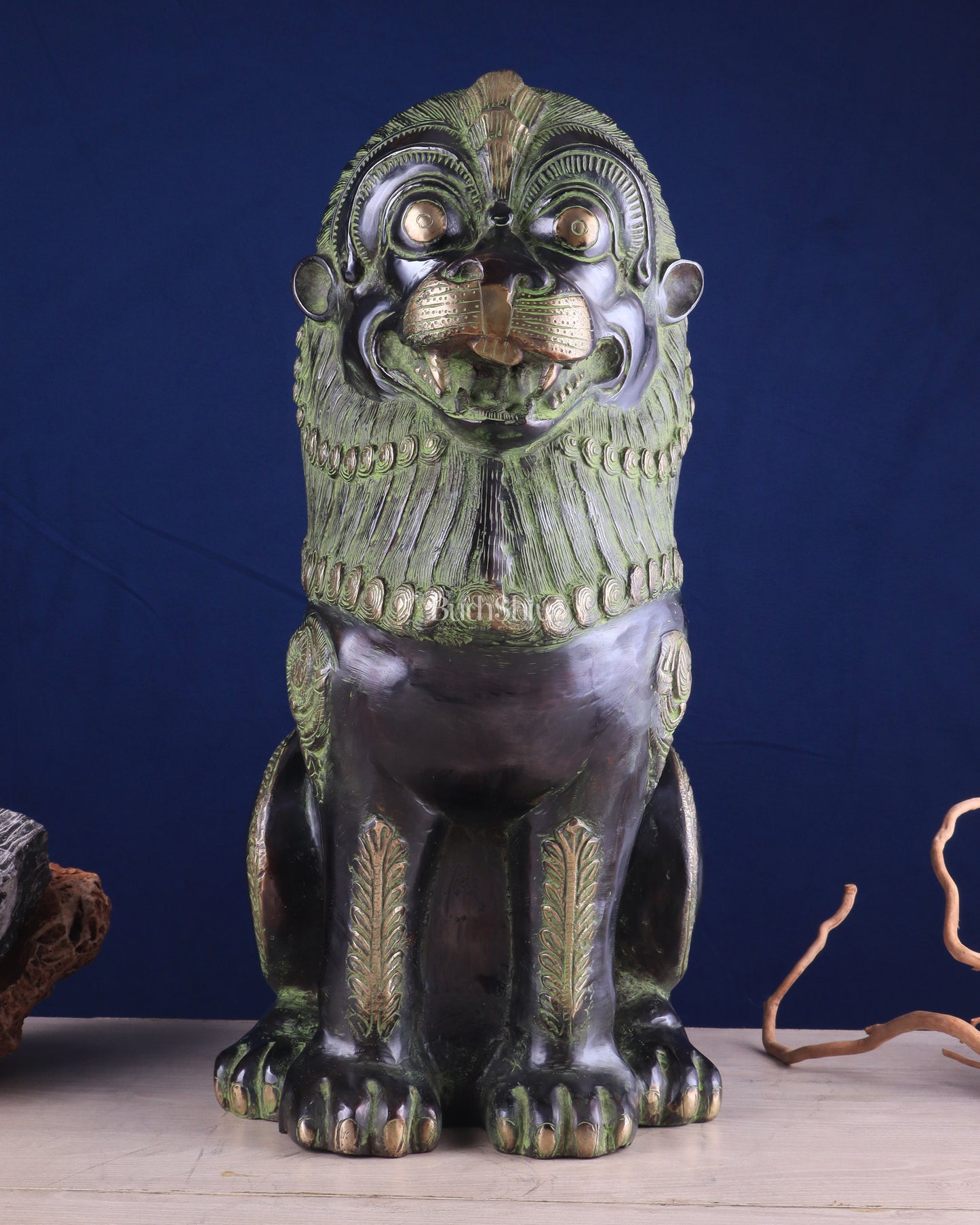 Pure Brass Large Tibetan Lion - Vintage Black-Green Tone, 21 Inches