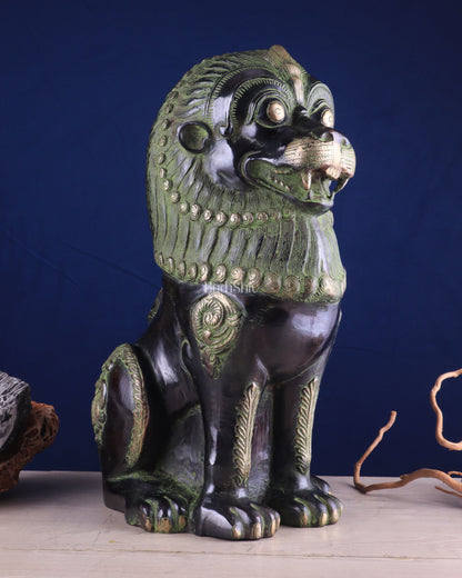 Pure Brass Large Tibetan Lion - Vintage Black-Green Tone, 21 Inches