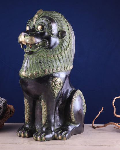 Pure Brass Large Tibetan Lion - Vintage Black-Green Tone, 21 Inches